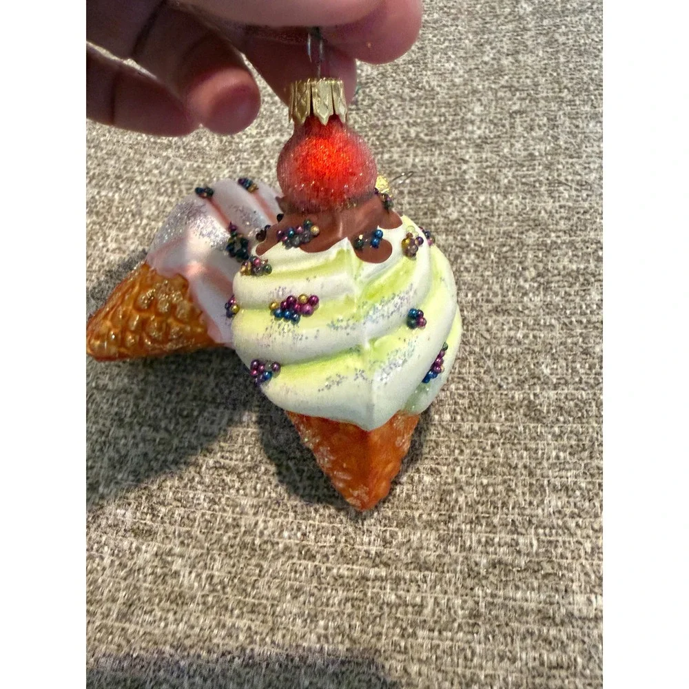 Glass Ice Cream Cone Christmas Ornaments Pink Green Glitter Sprinkles Set of 2